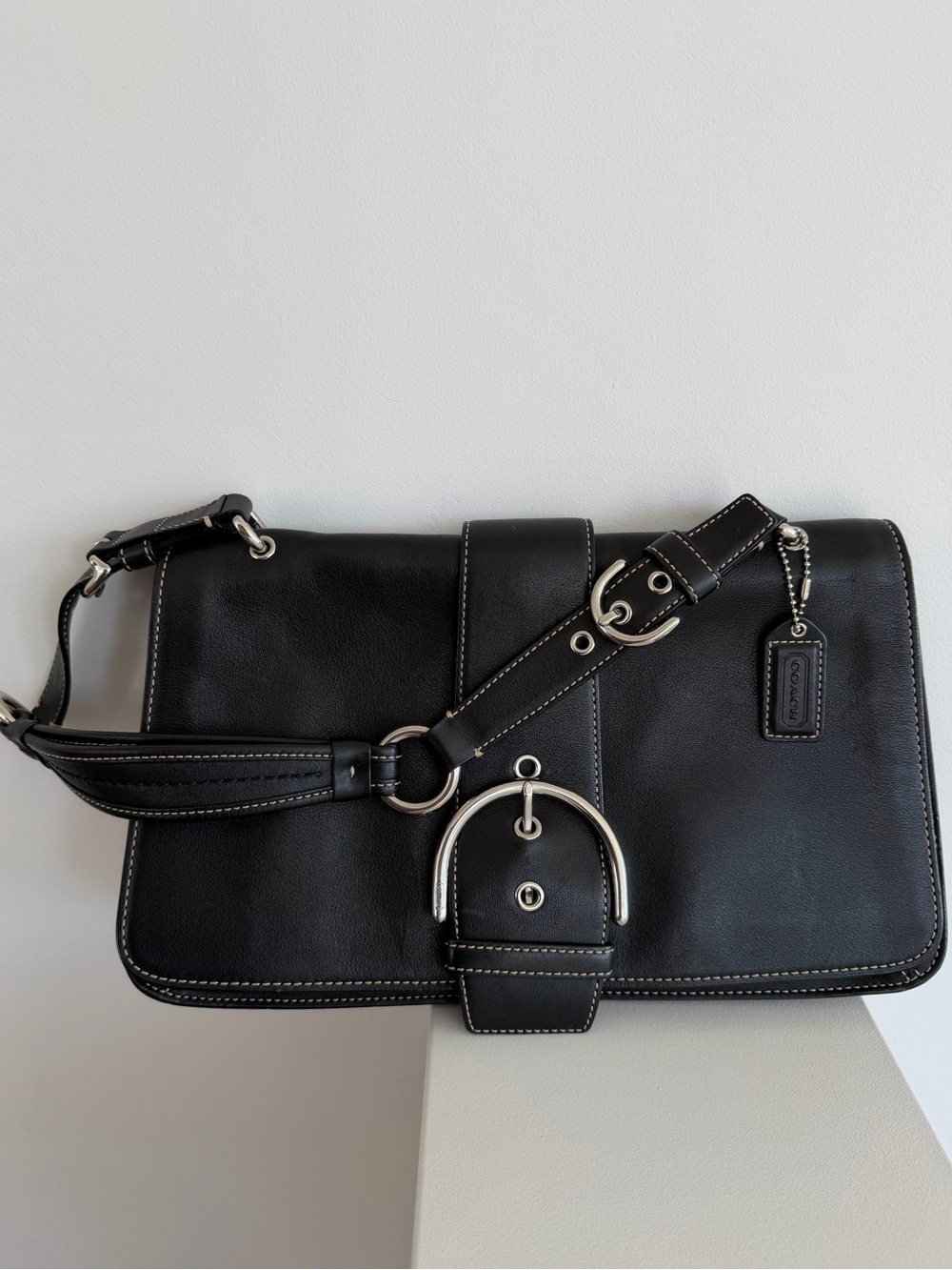 Vintage Coach Soho Black Leather Buckle Flap Shoulder Bag Y2K